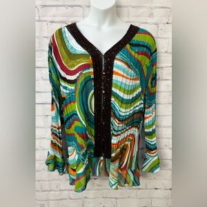 Maggie Barnes Plus 4X  30/32W Chiffon Striped Lace Sequin Peplum Blouse Pleats